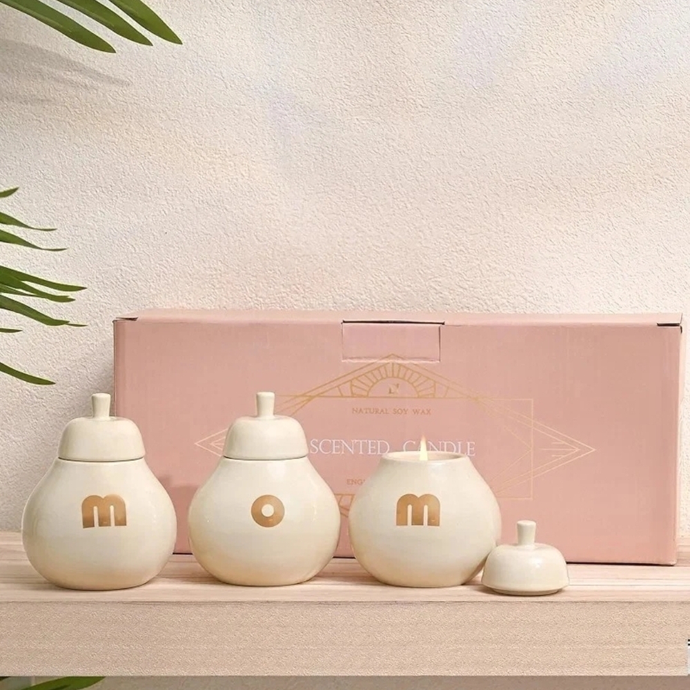 DN DECONATION 3pc "Mom" Elegant Gold Aromatherapy Soy Pear Scented Candles